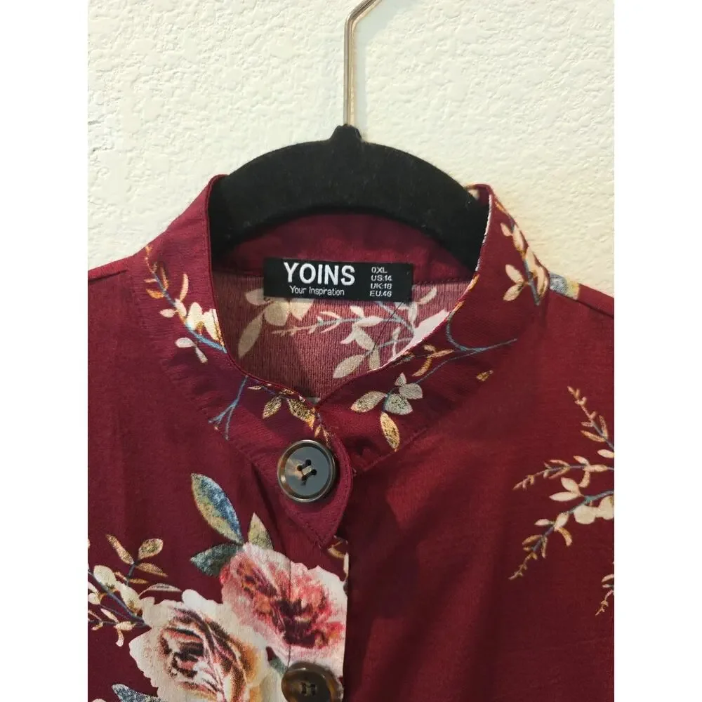 Burgundy Floral Dress Long Sleeve Mandarin Collar Sz 14 Cottagecore Lagenlook